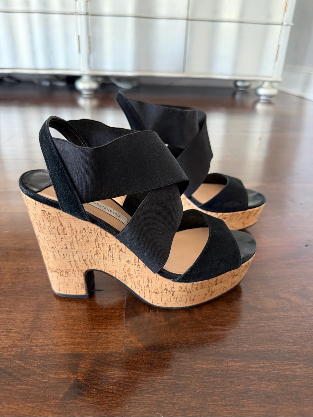 Diane von Furstenberg Black Cork Platform Sandals in Black, Size 38.5 (8.5)
